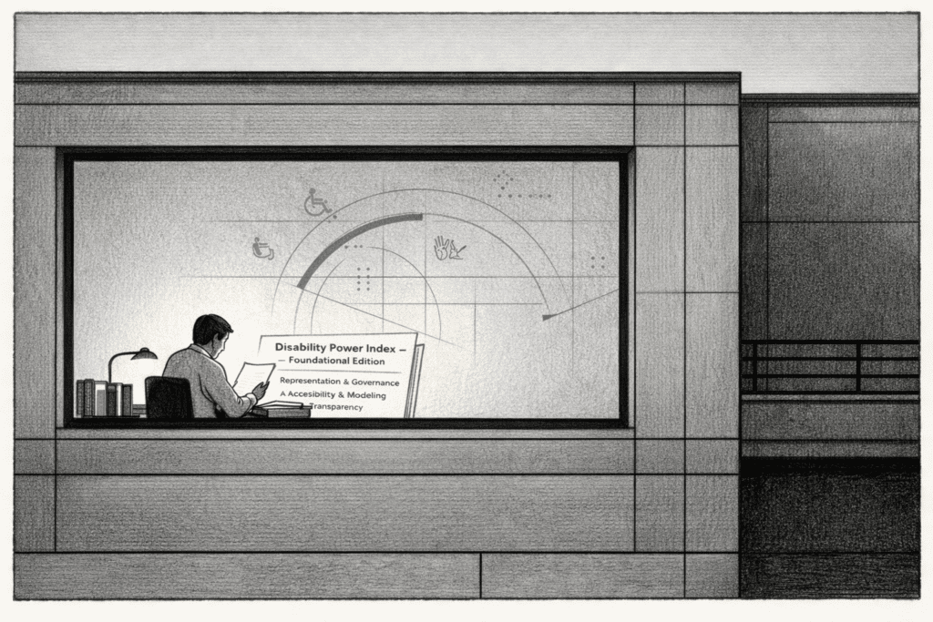 Black-and-white minimalist illustration of a modern building facade at dusk. Through a large rectangular window, a single person sits at a desk under a small lamp, reading a document titled “Disability Power Index — Foundational Edition.” Visible section headings include “Representation & Governance,” “Accessibility & Modeling,” and “Transparency.” Behind the person, faint circular blueprint lines are projected on the wall, subtly incorporating accessibility elements—small wheelchair symbols, abstract sign language hand shapes, braille dot patterns, and a ramp slope line—integrated into the diagram’s structure. The scene uses soft grayscale shading with generous negative space and very minimal muted teal and deep blue accents on a thin arc within the diagram and on small document tabs. The mood is quiet, reflective, and institutional.