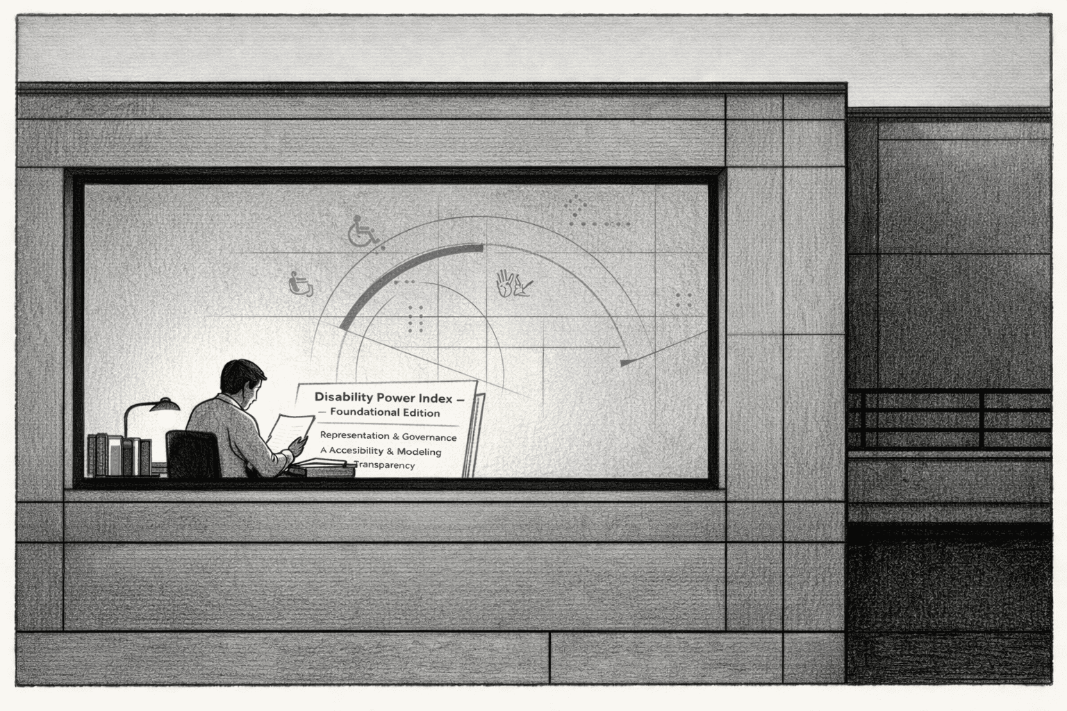 Black-and-white minimalist illustration of a modern building facade at dusk. Through a large rectangular window, a single person sits at a desk under a small lamp, reading a document titled “Disability Power Index — Foundational Edition.” Visible section headings include “Representation & Governance,” “Accessibility & Modeling,” and “Transparency.” Behind the person, faint circular blueprint lines are projected on the wall, subtly incorporating accessibility elements—small wheelchair symbols, abstract sign language hand shapes, braille dot patterns, and a ramp slope line—integrated into the diagram’s structure. The scene uses soft grayscale shading with generous negative space and very minimal muted teal and deep blue accents on a thin arc within the diagram and on small document tabs. The mood is quiet, reflective, and institutional.